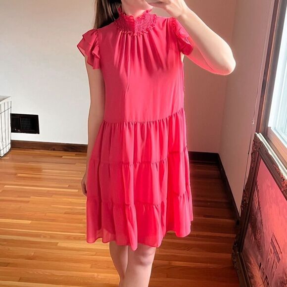 Eliza J Bright Pink Flutter Sleeve Tiered Dress Size 6 - Picture 1 of 9